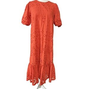 Ann Taylor Dress Womens 2‎ Eyelet Puff Sleeve Midi Ruffle Hem Spring Occasion